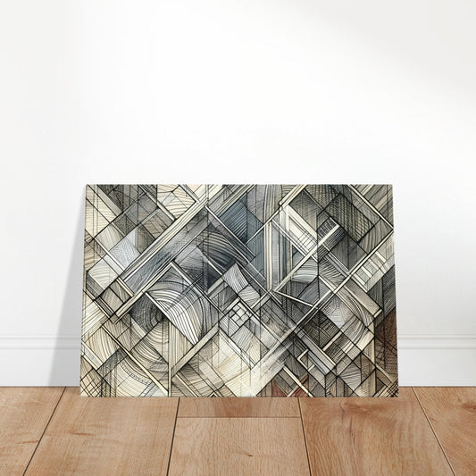 Abstract canvas featuring intersecting geometric lines and shapes in a neutral palette with warm tonal highlights.