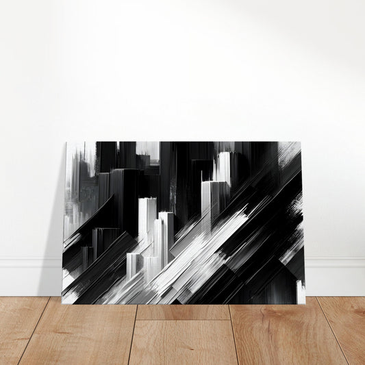 Abstract black and white artwork featuring straight and angled brushstrokes arranged in a structured, dynamic composition.