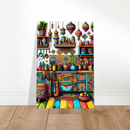 Pop art canvas of a colorful bohemian kitchen with patterned cabinets, eclectic dishware, and bold décor elements in a vibrant, artistic setting.