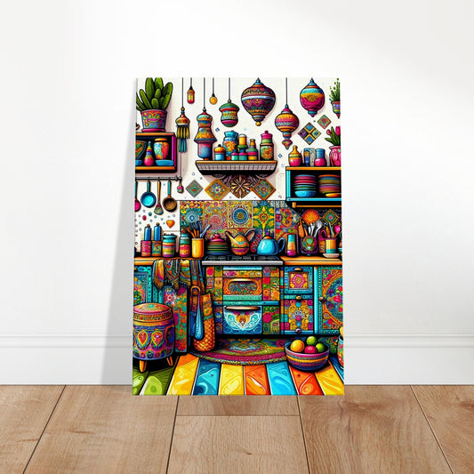 Pop art canvas of a colorful bohemian kitchen with patterned cabinets, eclectic dishware, and bold décor elements in a vibrant, artistic setting.
