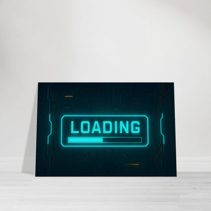 Cyberpunk holographic Loading text with glowing progress bar over neon circuitry.