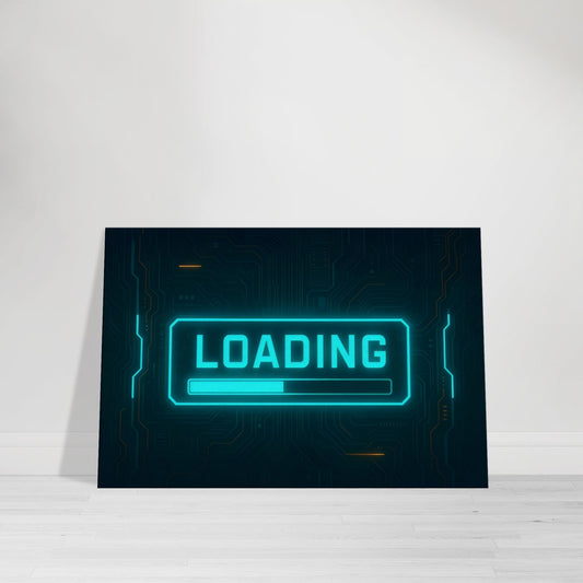 Cyberpunk holographic Loading text with glowing progress bar over neon circuitry.