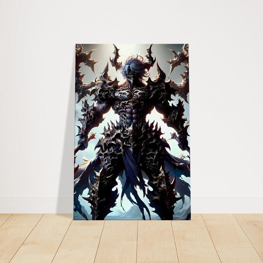 Full-body anime warrior in dark armor, dual-wielding weapons, set against an ominous, shadowy landscape.