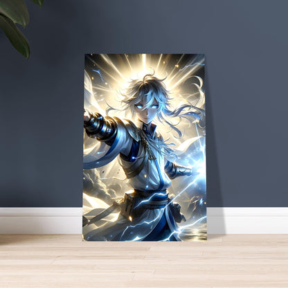 Heroic anime warrior Lumina Sentinel glowing with white and gold energy on a lightning-filled battlefield in metal wall art.
