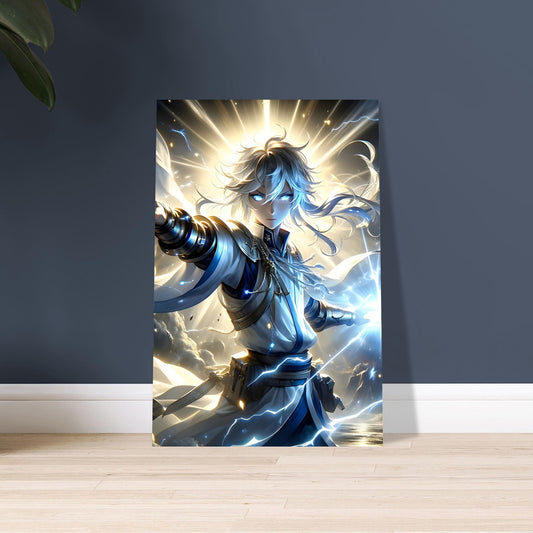 Heroic anime warrior Lumina Sentinel glowing with white and gold energy on a lightning-filled battlefield in metal wall art.