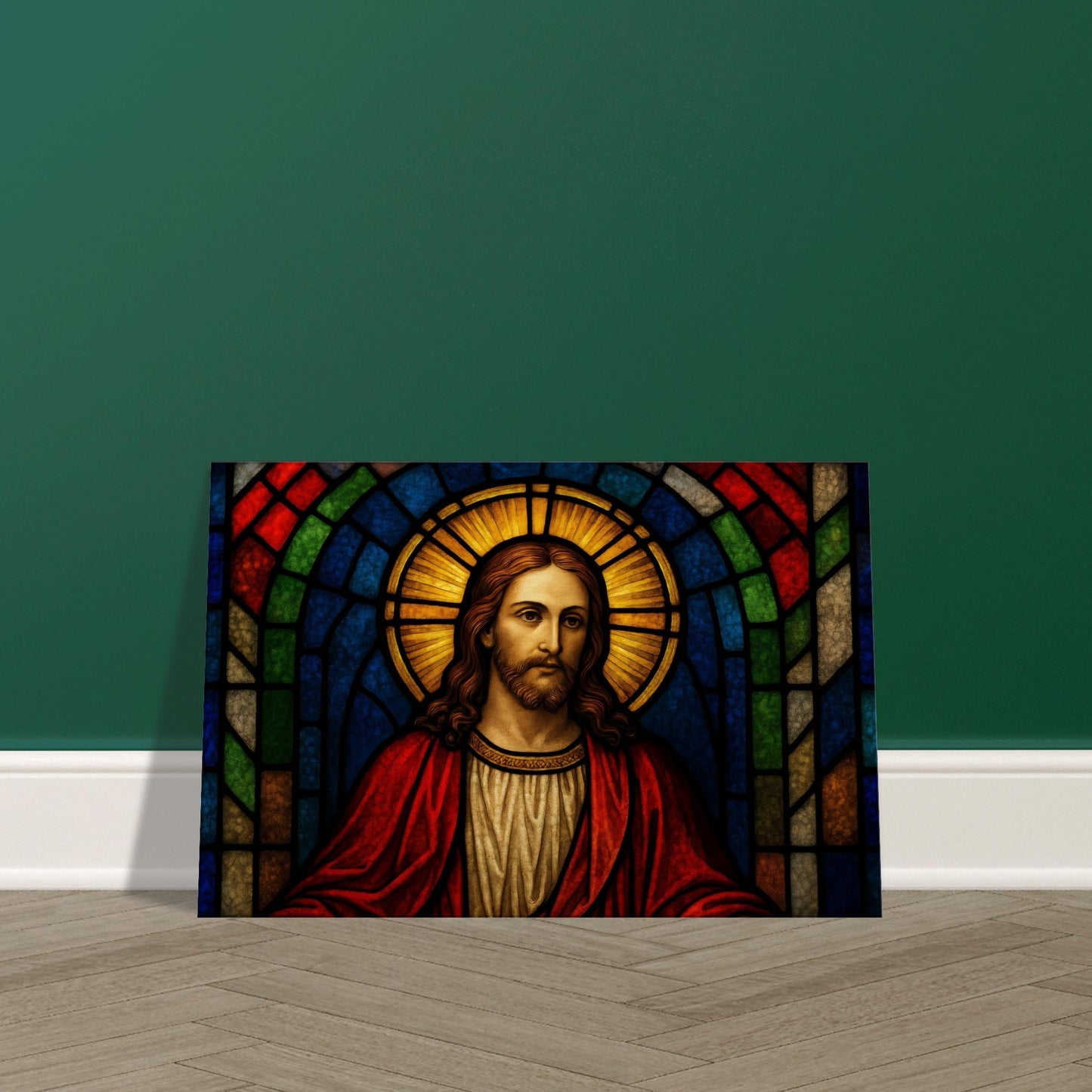 Stained-glass depiction of Jesus with golden halo, surrounded by vibrant mosaic colours, glowing with radiant light, 3:2 landscape on canvas wall art print.