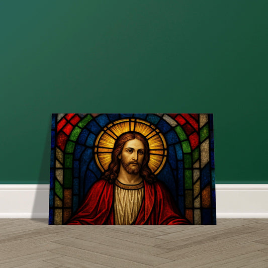 Stained-glass depiction of Jesus with golden halo, surrounded by vibrant mosaic colours, glowing with radiant light, 3:2 landscape on canvas wall art print.