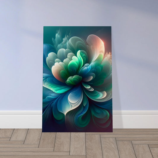Floral artwork with petals in flowing aurora-inspired blues, greens, and whites, evoking northern lights against a dark backdrop.