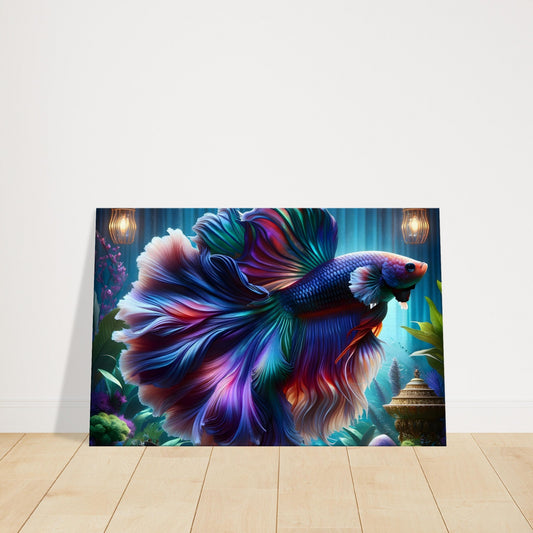 Hyper-realistic Betta fish with vibrant iridescent scales swimming in an ornate aquarium.