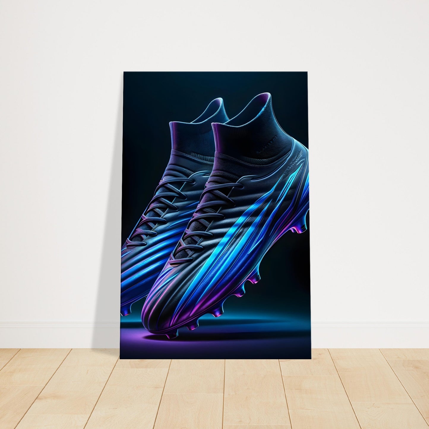 Canvas print of sleek football boots with blue and purple luminous gradients and aerodynamic design.