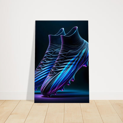 Canvas print of sleek football boots with blue and purple luminous gradients and aerodynamic design.