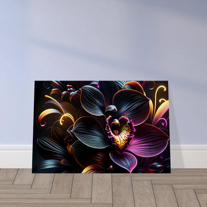 Pop art cluster of glowing orchids with radiant petals in purples and blues outlined in light against a dark background.