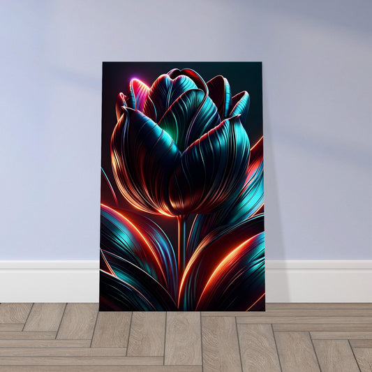 Pop art tulip with glowing iridescent petals outlined in light, set against a dark background.