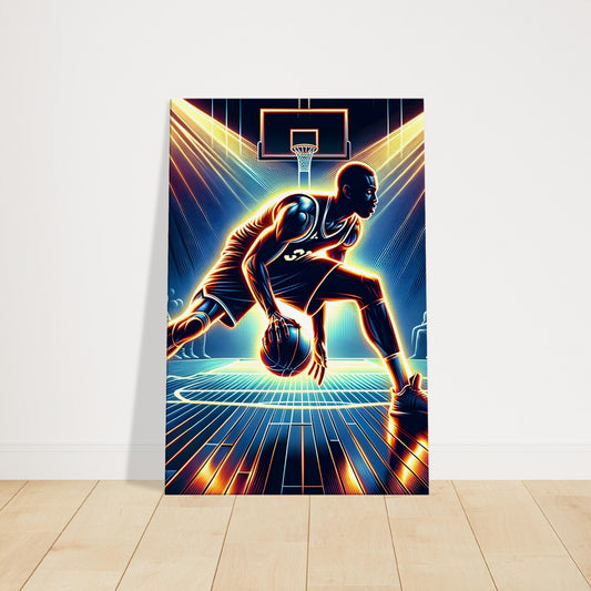 Basketball player in focused dribbling stance, illuminated by glowing light on court with soft movement and dramatic contrast.