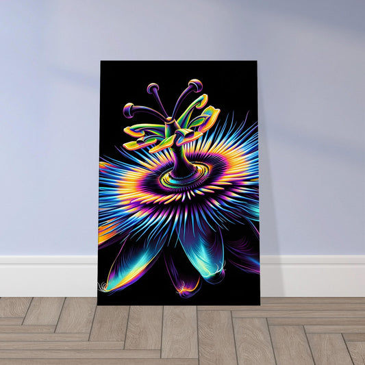 Pop art depiction of an exotic flower glowing in vibrant hues like orange, pink, and teal against a dark background.
