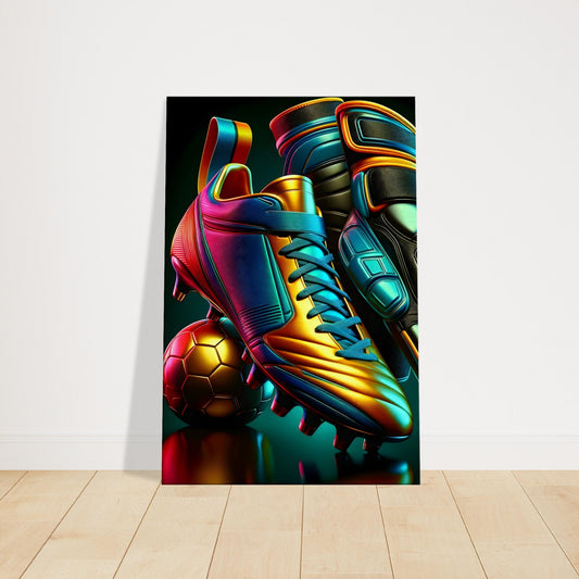 Canvas print of futuristic football boots and gloves illuminated with glowing neon colors.