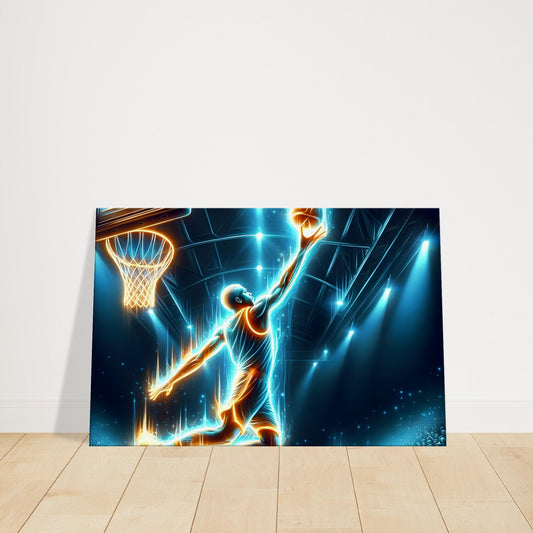 Basketball player mid-air going for a dunk with glowing light trails against a dark arena, in vivid neon blue and orange tones.