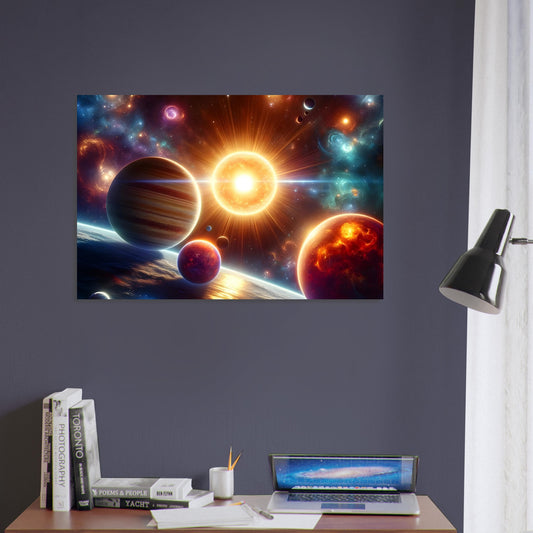 Metal poster depicting a vibrant solar system with glowing planets orbiting a bright star against a luminous cosmic background filled with stars and nebulae.