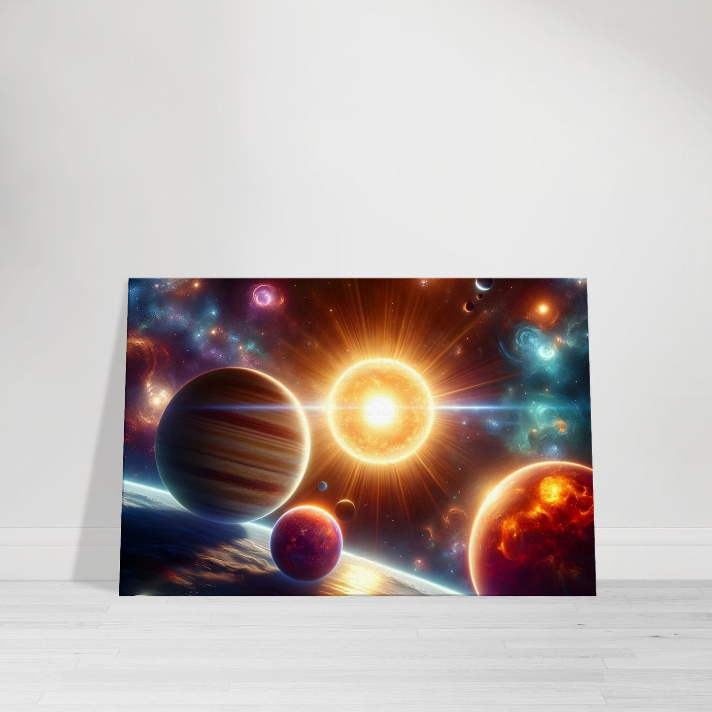 Colorful planets glowing around a bright star with nebulae in the background.