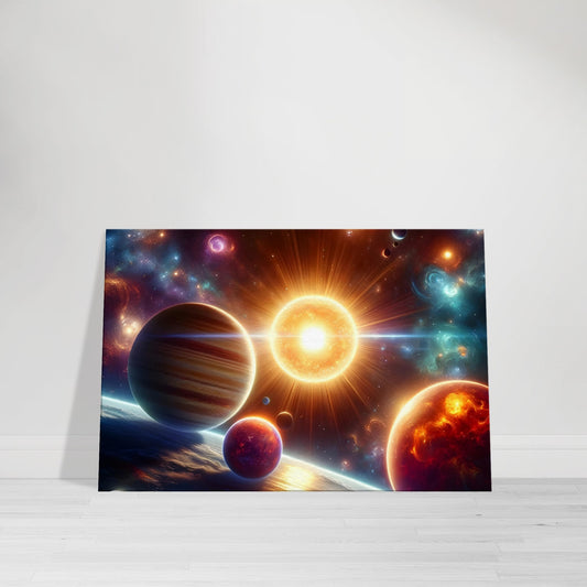 Colorful planets glowing around a bright star with nebulae in the background.