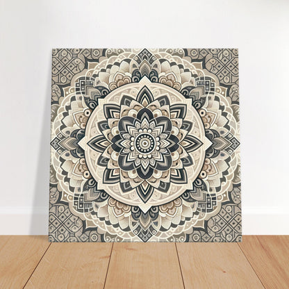 Mandala artwork in warm neutral tones of beige, gold, gray, and off-white, blending intricate design with modern minimalism.
