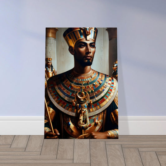 Ancient Egyptian high priest wearing a gold, turquoise, and carnelian collar with headdress and scepter, set against hieroglyphic walls.