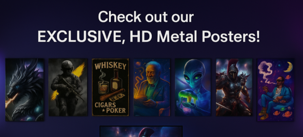 Promotional image of HD metal posters with various designs on a dark background.