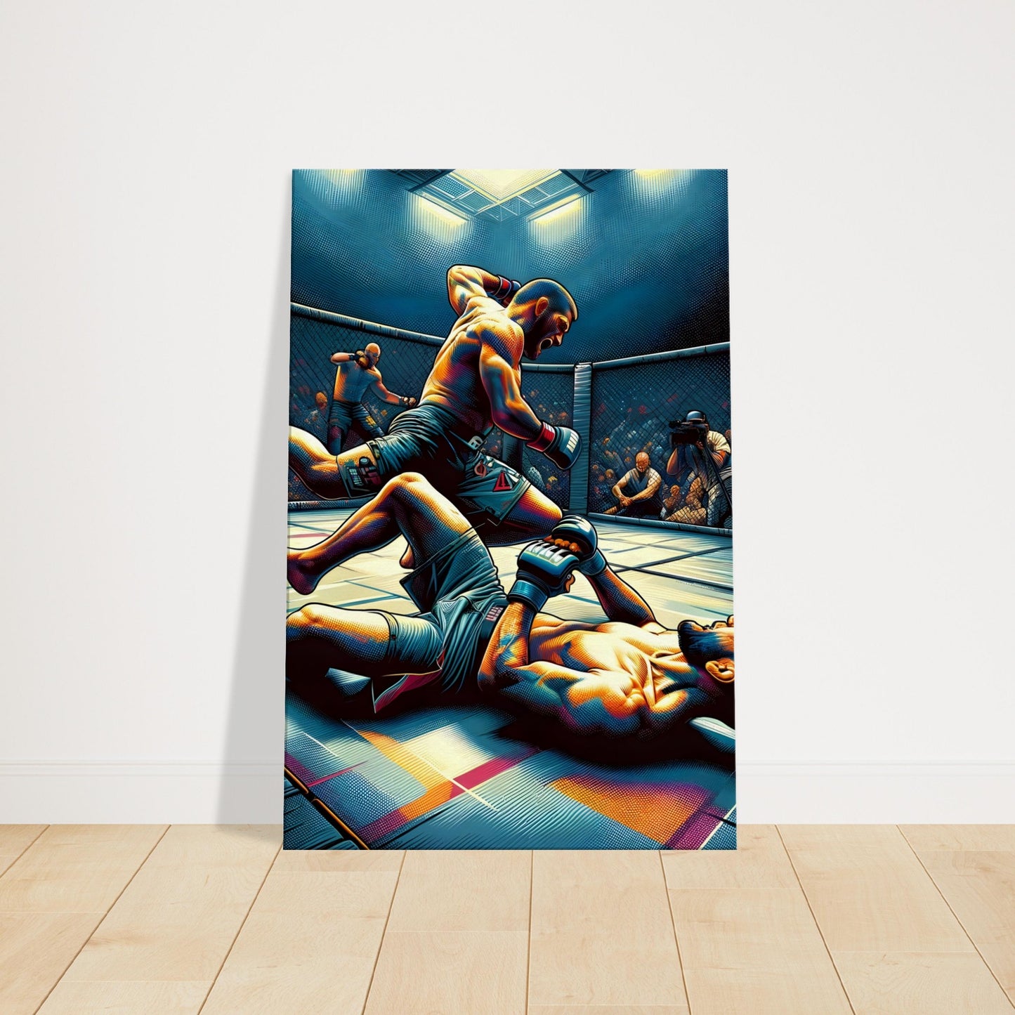 An MMA fighter stands over his defeated opponent in the Octagon, dramatically lit to highlight his victorious stance and physique.