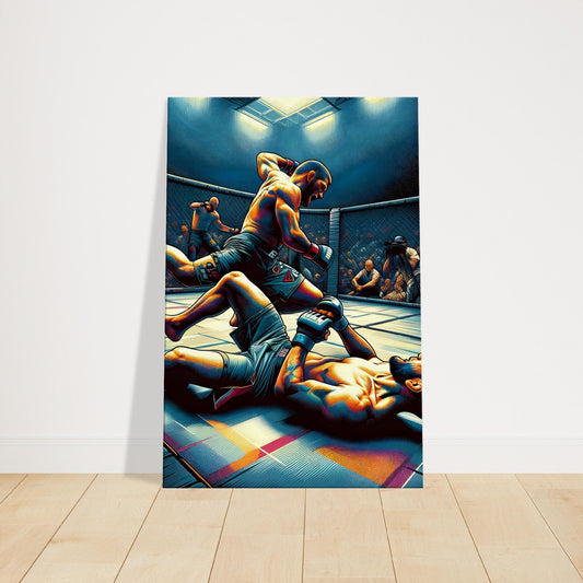 An MMA fighter stands over his defeated opponent in the Octagon, dramatically lit to highlight his victorious stance and physique.