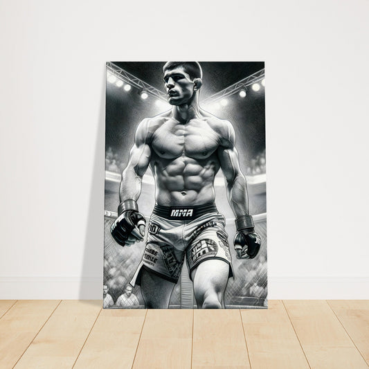 Pencil sketch of an MMA fighter in the Octagon wearing fight gear, depicted in a strong and focused stance.
