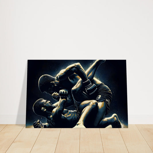 Two MMA fighters engaged in grappling on the mat, with dramatic lighting emphasizing control, tension, and close combat technique.