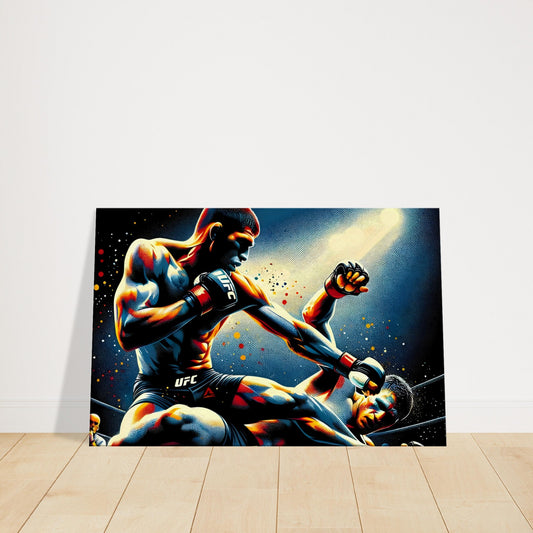 MMA fighter delivers a powerful blow as his opponent falls, captured with vivid lighting and color in a dramatic knockout moment.