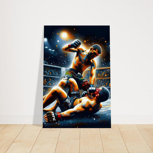 An MMA fighter secures a dominant position as the referee intervenes, with a crowd silhouetted in the background.
