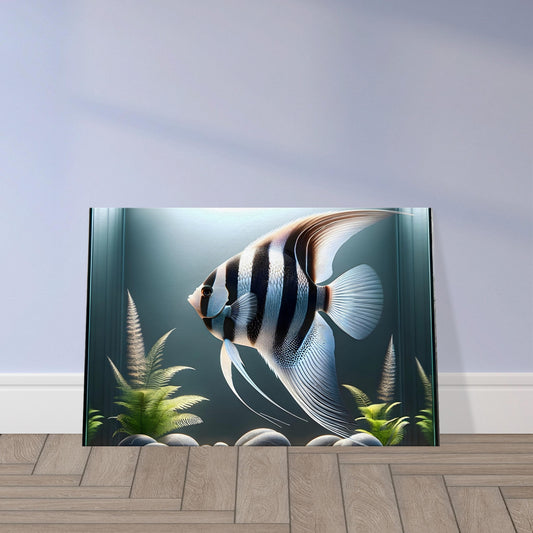 Hyper-realistic image of a majestic angelfish swimming gracefully in crystal-clear aquarium waters.