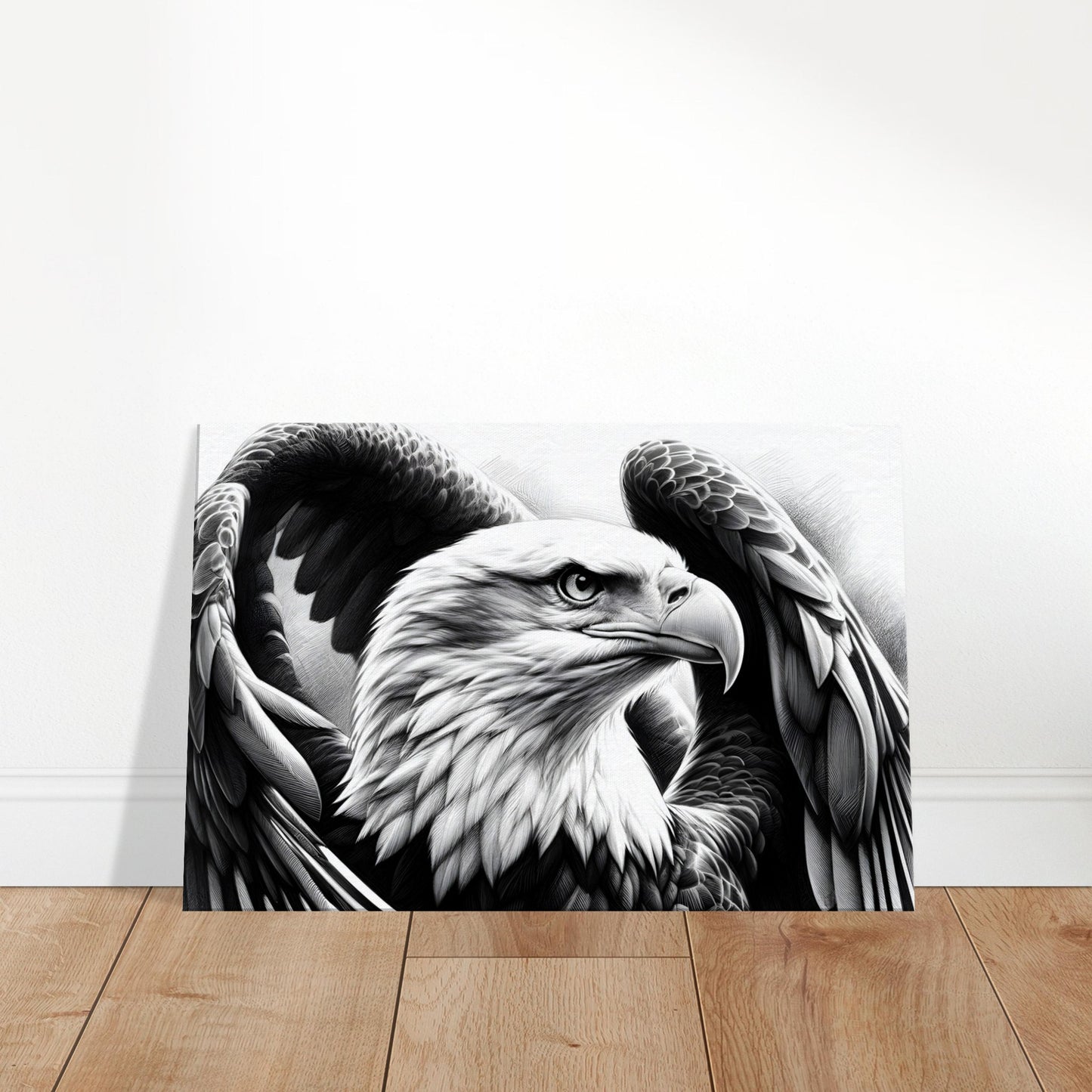 Pencil sketch of a majestic eagle with finely detailed feathers and piercing eyes.