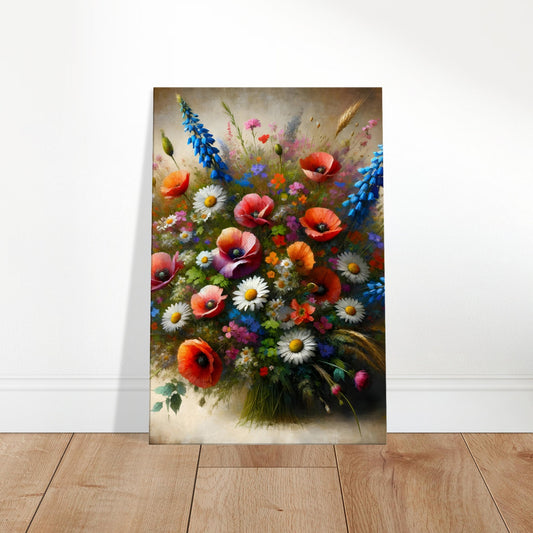 Classic-style painting of a wildflower bouquet with poppies, daisies, and bluebells, featuring rich colors and textured brushwork.