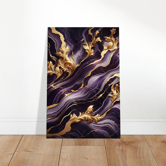 Purple marble wall art with luxurious gold veins and a polished finish for a regal and elegant aesthetic.