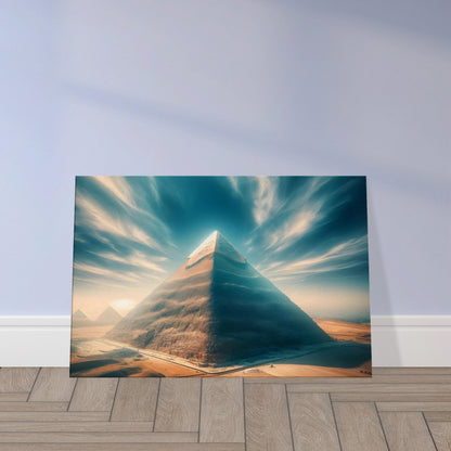Great Pyramid of Giza under a clear blue sky, bathed in golden sunlight with detailed shadows across the desert landscape.
