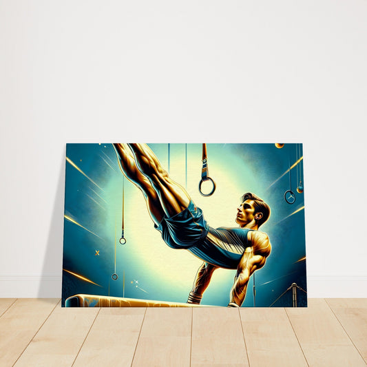 Canvas artwork of a male gymnast performing with focused expression and defined form, lit with warm tones to highlight strength and control.