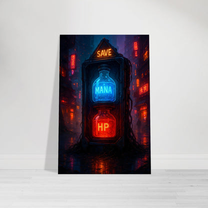 Gamer wall art showing glowing red HP potion and blue Mana potion bottles in neon light.