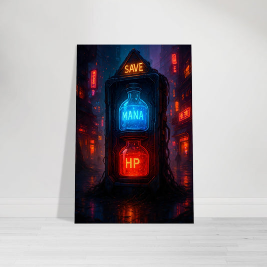 Gamer wall art showing glowing red HP potion and blue Mana potion bottles in neon light.