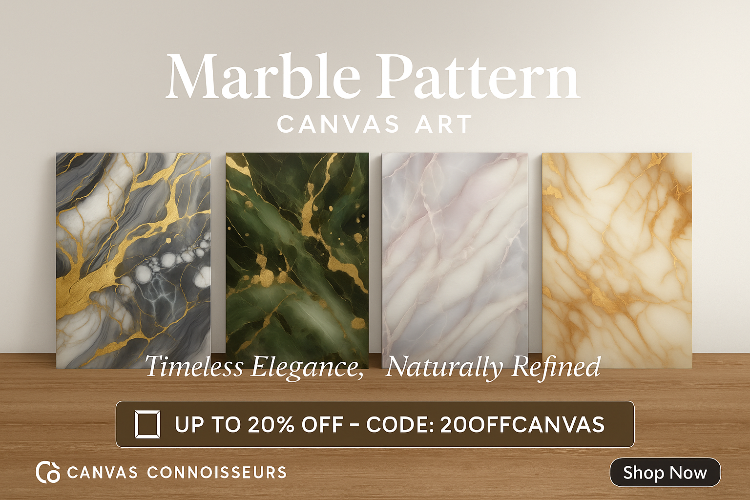 A digital banner for "Marble Pattern Canvas Art" displays four elegant marble canvas prints with gold, green, lavender, and beige tones, promoting a 20% discount with the code 20OFFCANVAS, set against a minimal gradient background with centered serif and sans-serif typography.