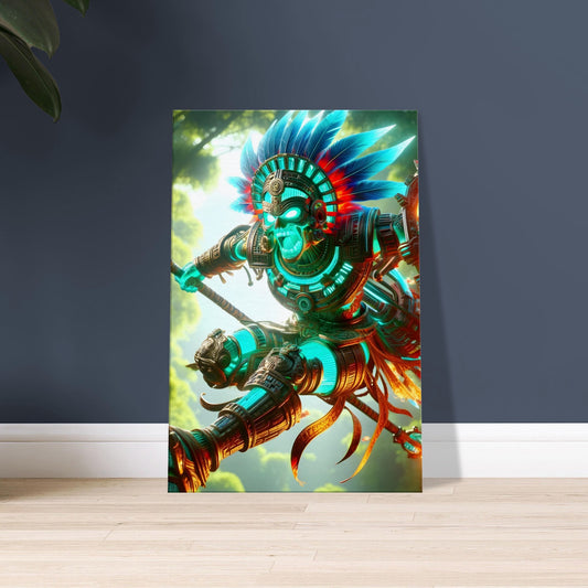 A Mayan warrior in glowing turquoise and fiery red armor leaps with spear and shield through a dense jungle.