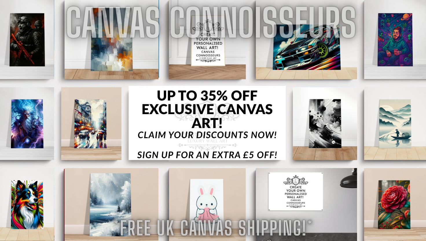 Promotional banner for exclusive canvas art with various artworks displayed.