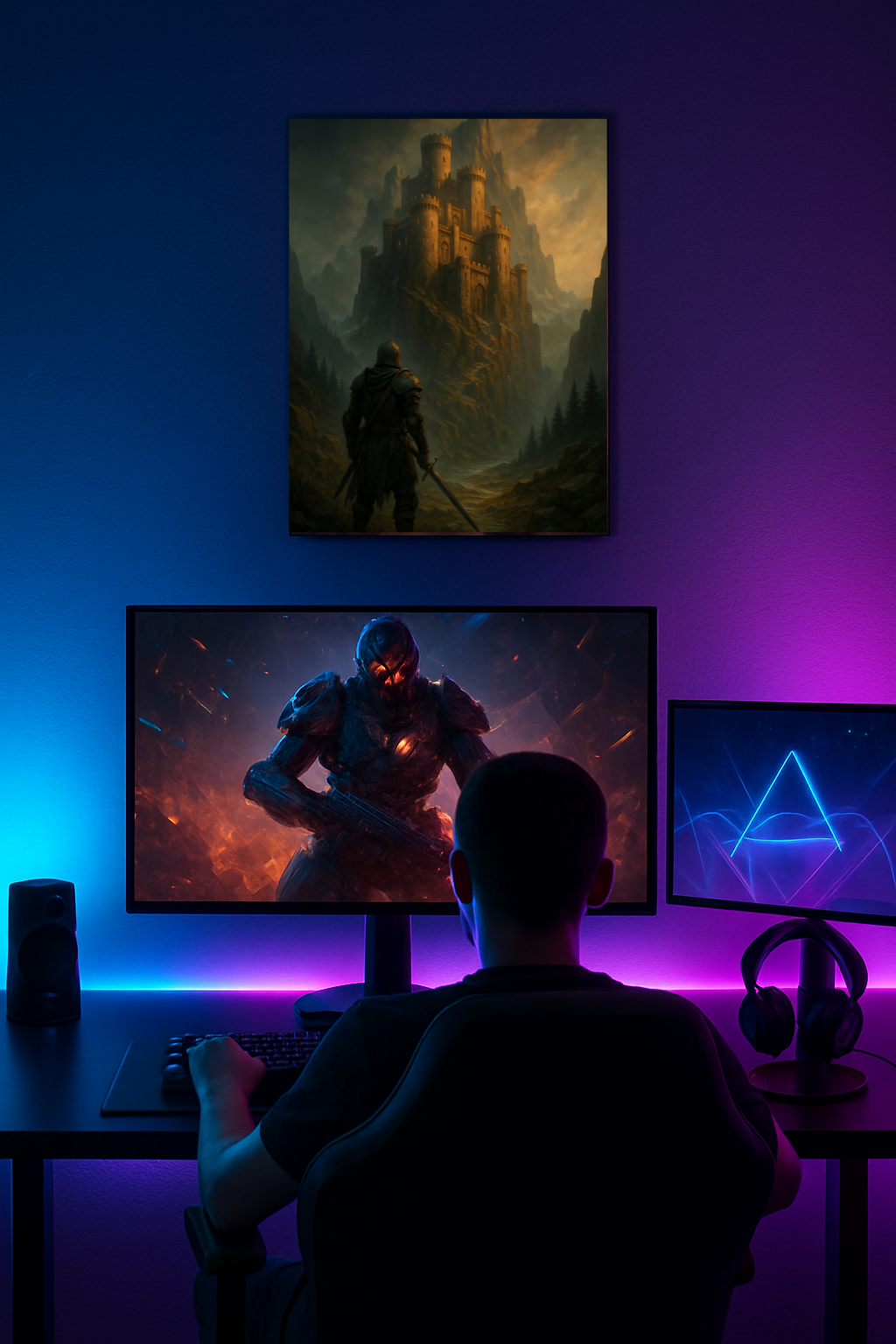 A realistic image of a modern gaming setup viewed from behind a gamer seated in a black ergonomic chair at a glowing RGB desk with triple monitors. A large, empty metal poster frame hangs clearly above the monitors on the wall, fully visible and unobstructed, surrounded by soft purple and blue ambient LED lighting in a dark, sleek gaming room.