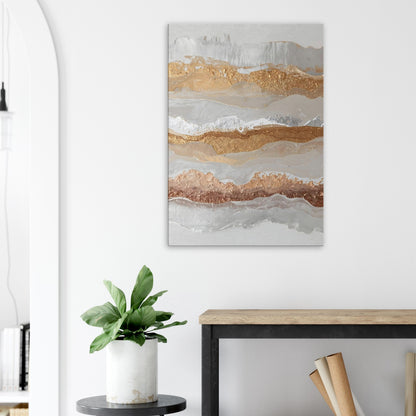 Portrait canvas with vertical silver, grey,  gold and cream metallic layers forming modern abstract textures.