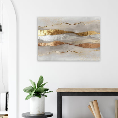 Landscape canvas with horizontal soft grey, gold, cream, and silver metallic layers forming modern abstract textures.