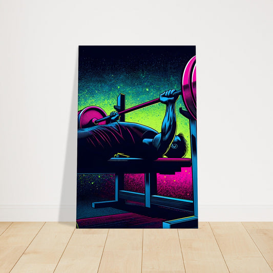 Pop art canvas of bench press in dark gym with neon pink and green highlights