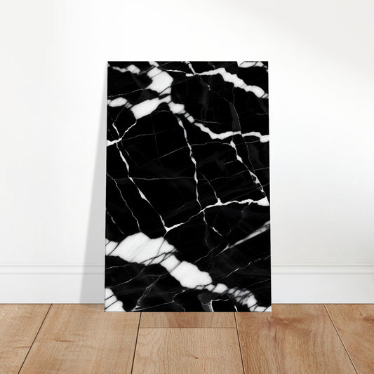Black marble wall art with prominent white and gray veining, offering bold contrast and luxurious visual texture.