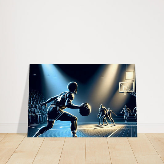 Basketball player sizing up an opponent under a spotlight on a dark court, in cool monochrome tones with focused intensity.